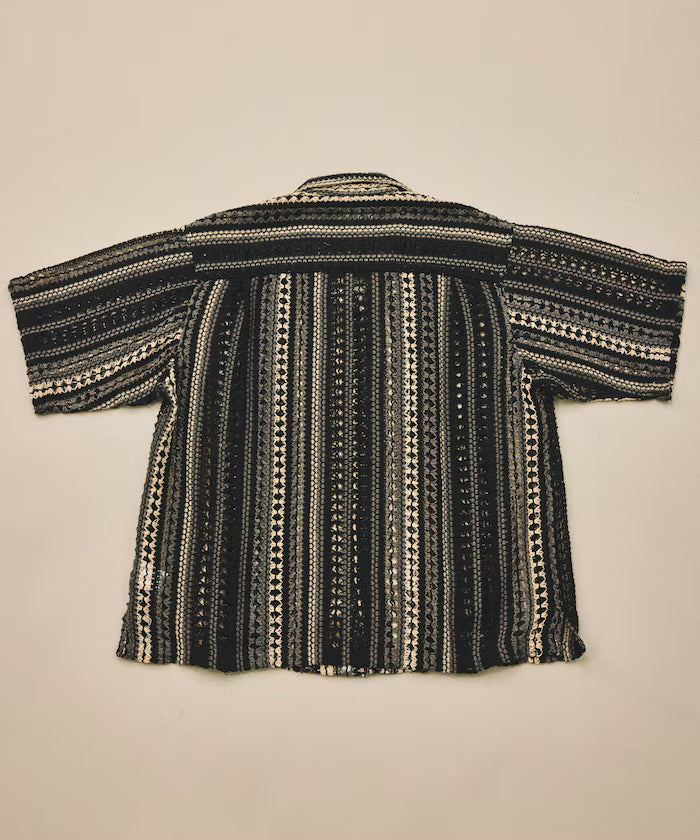 New color added: Indian-made relaxed fit all-over lace multi-stripe open collar short sleeve shirt