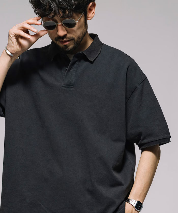 Distressed Oversized Polo Shirt / One Point Embroidery / Pigment Processing - Black