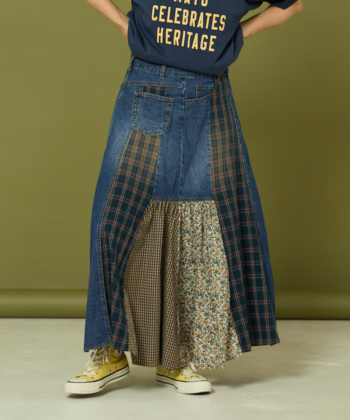 Side Front Denim Color Block Flared Skirt