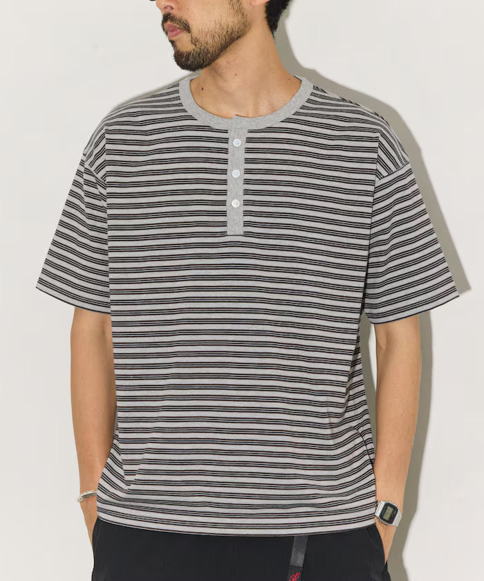 Multi-border Henley Neck Short Sleeve T-shirt