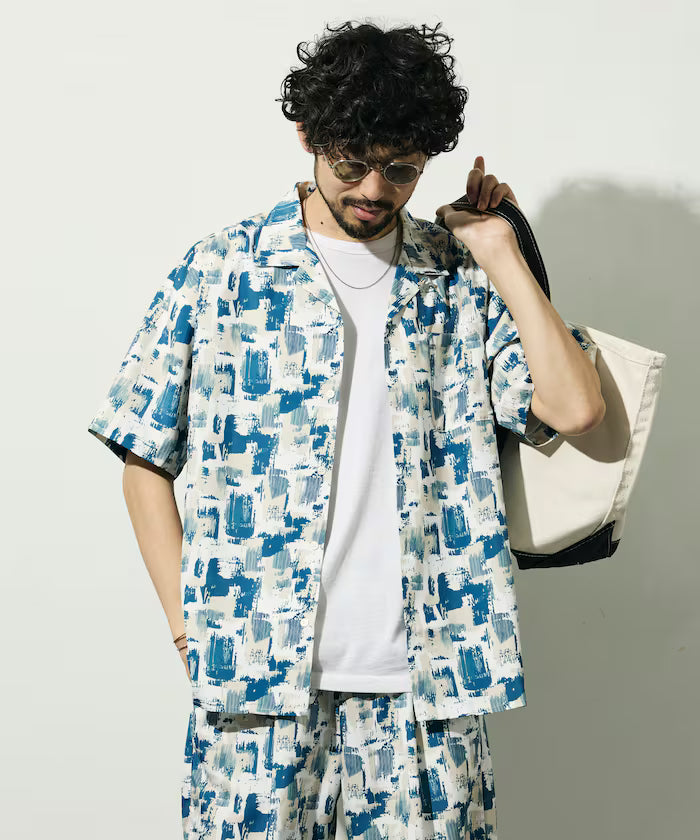 Open collar pattern short sleeve shirt / all-over design open collar shirt / compatible with set-up - Blue Green