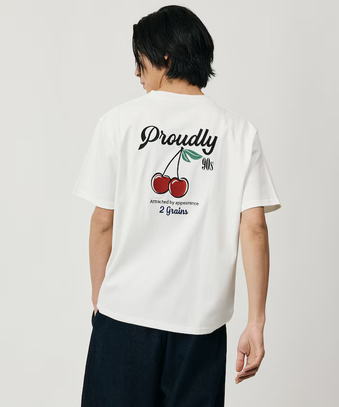 Relaxed Fit Design Back Embroidery Crew Neck T-Shirt / Cherry / Ringer 【Limited Edition】