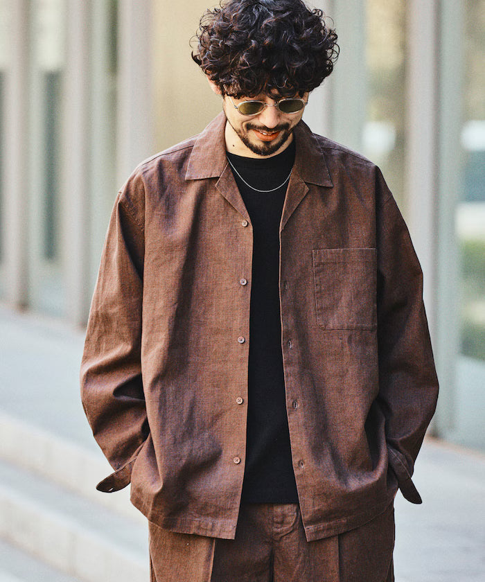 LINEN COTTON OPEN COLLAR SHIRT【Compatible with setups】