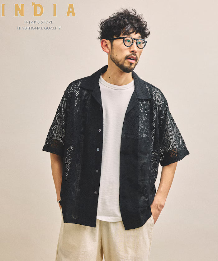 India-made Patchwork Lace Sheer Relaxed Fit Open Collar Shirt Short Sleeve - Black