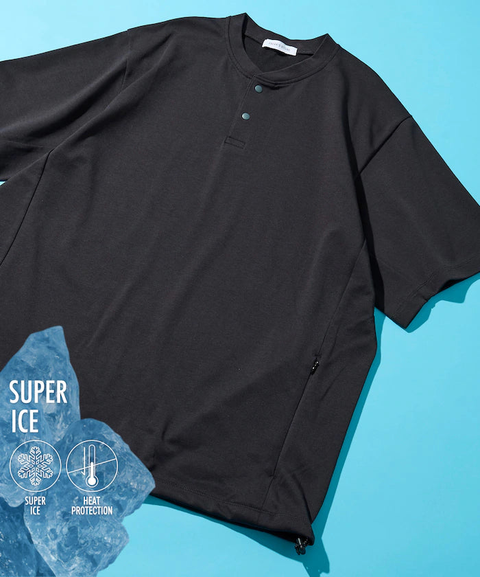 SUPER ICE / Super Ice Henry Neck Spindle T-Shirt Contact Cold Sensation / Quick Drying / UV Cut - Charcoal