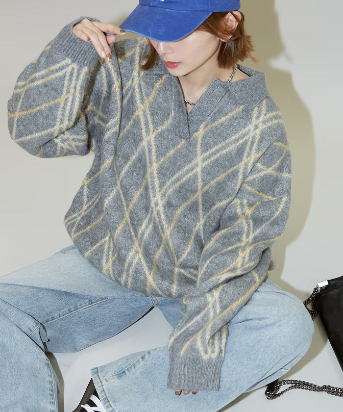 Checked pattern mohair touch skimmer knit limited edition - Gray