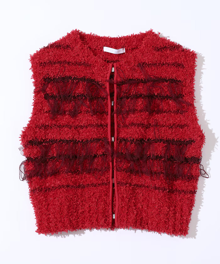 Mixed Material Fringe Knit Vest / Striped Knit Vest 25AW