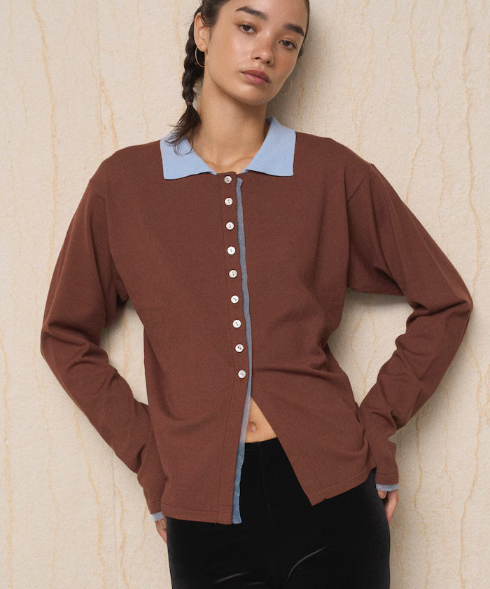 Color Design Fake Layered Long Sleeve Polo Knit Cardigan - Brown