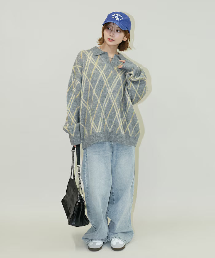 Checked pattern mohair touch skimmer knit limited edition
