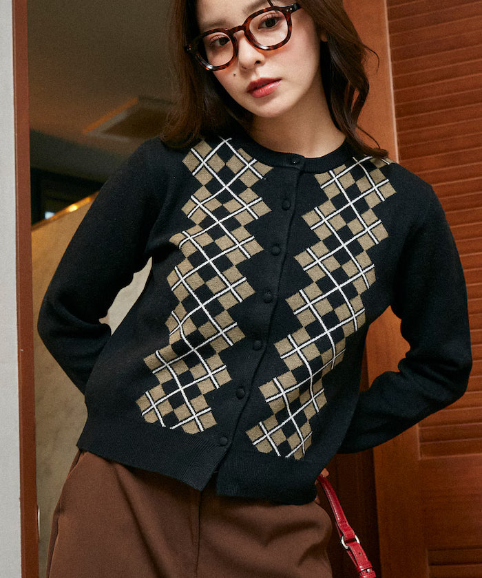 Argyle Pattern Jacquard Knit Cardigan Limited Edition - Black