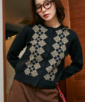 Argyle Pattern Jacquard Knit Cardigan Limited Edition - Black