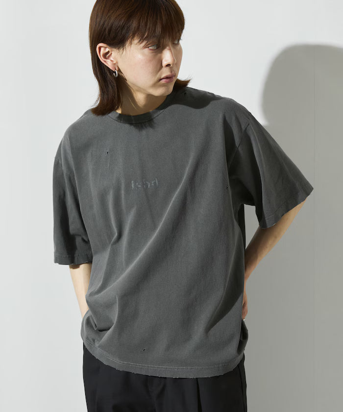 7.3 oz damaged processed front logo print short sleeve T-shirt / oversized crew neck short sleeve T-shirt