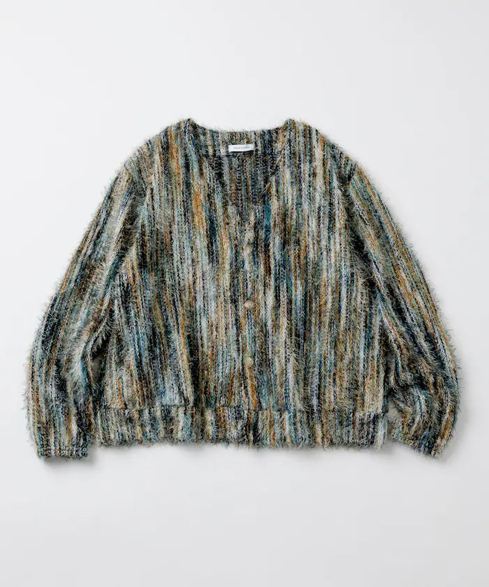 Relaxed Fit Shaggy Knit Multi-Stripe Cardigan