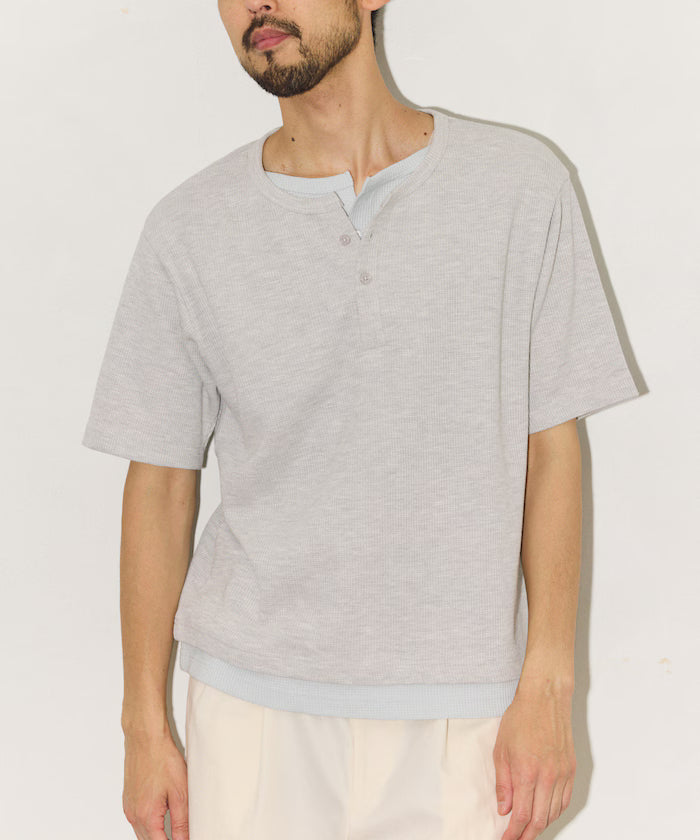 Waffle Fake Layered Henry Neck T-Shirt