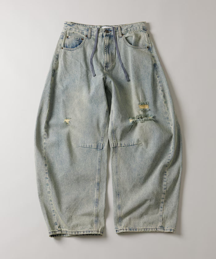 Wide Silhouette Curve Damaged Denim Pants