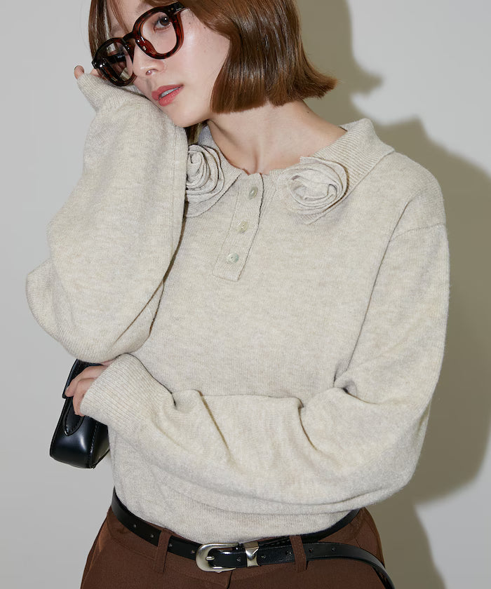 Polo knit pullover with flower motif - limited edition
