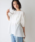[March 11th 12:00 Release] Sheer Check Balloon Sleeve Blouse / 5-minute sleeves / Flare Silhouette - White