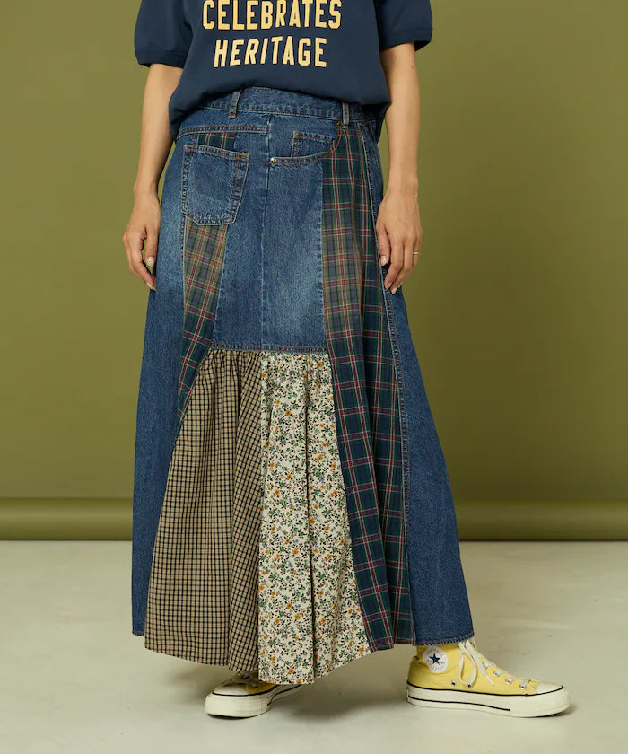 Side Front Denim Color Block Flared Skirt