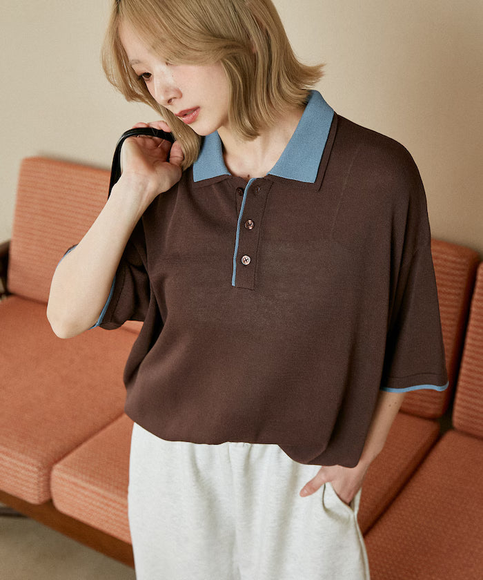 LOVE POP STUDIO Collar Layered Knit Polo Shirt Limited Edition - Brown