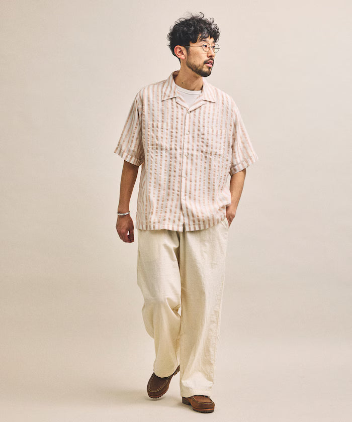 Indian-made Relaxed Fit Wide Stripe Sheer Sucker Open Collar Short Sleeve Shirt