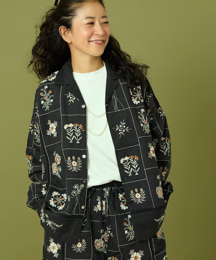 Patchwork Floral Embroidery Long Sleeve Shirt - Black