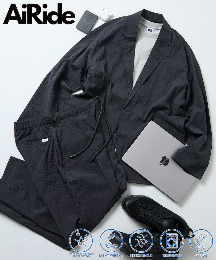 AiRide/AiRide Relax Fit Seersucker Setup/Tailored Jacket/Wide Slacks/Quick Dry/UV Cut 【Limited Release】 - Charcoal Gray