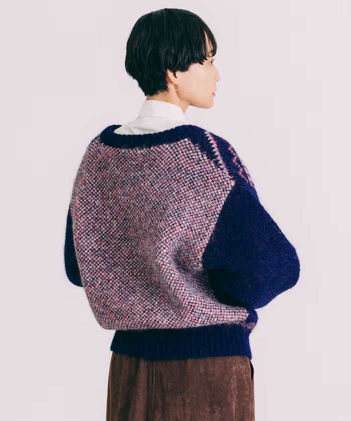 V-neck color block Nordic pattern knit