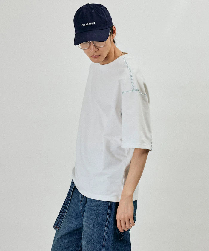 Box Silhouette Contrast Ladder Stitch Crew Neck T-Shirt