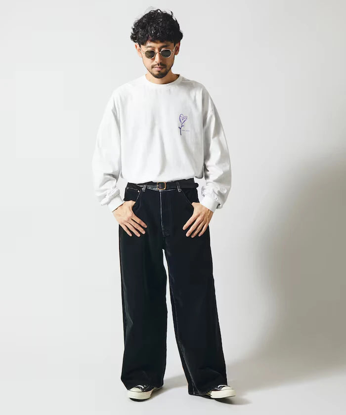 Flocked Denim Contrast Wide Straight Pants