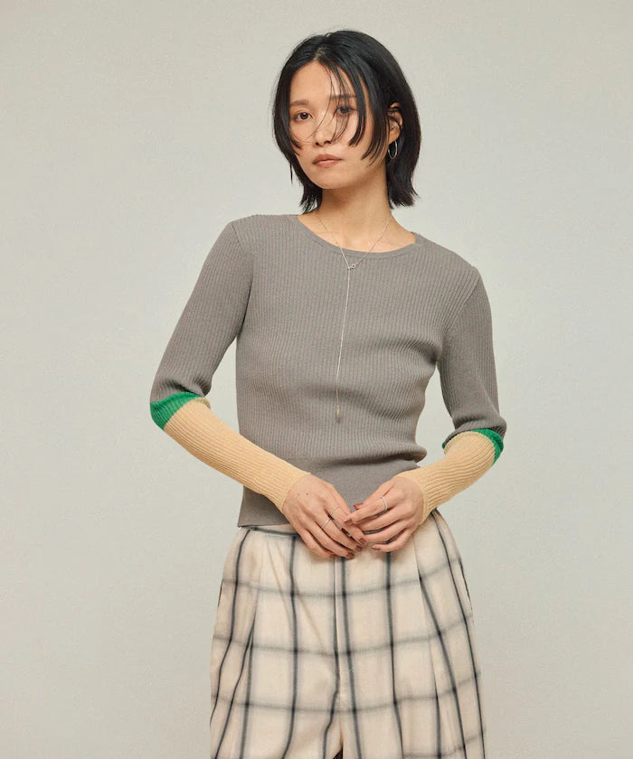 Functional material silk blend color block knit pullover / anti-pill / machine washable