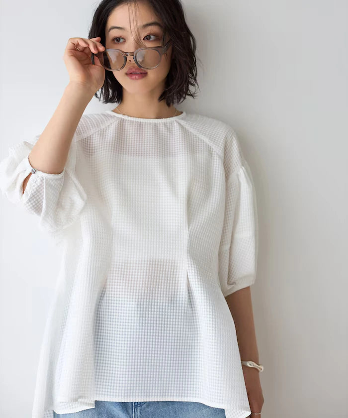 Sheer Check Balloon Sleeve Blouse