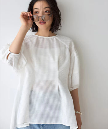 Sheer Check Balloon Sleeve Blouse