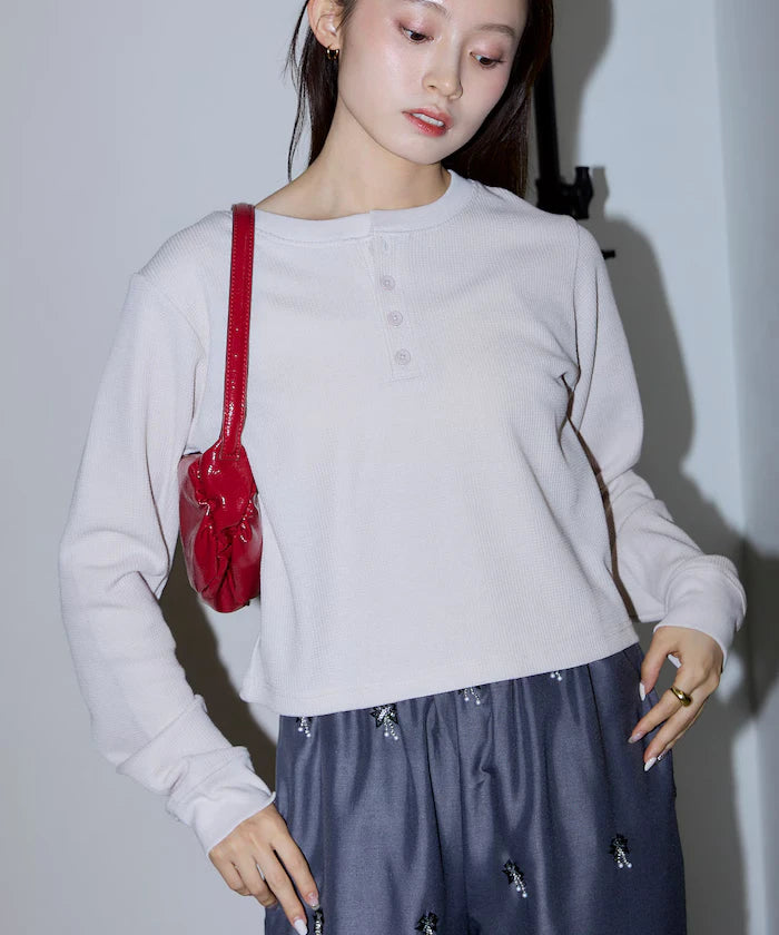 Mini Waffle Henley Neck Cropped Long Sleeve T Limited Edition