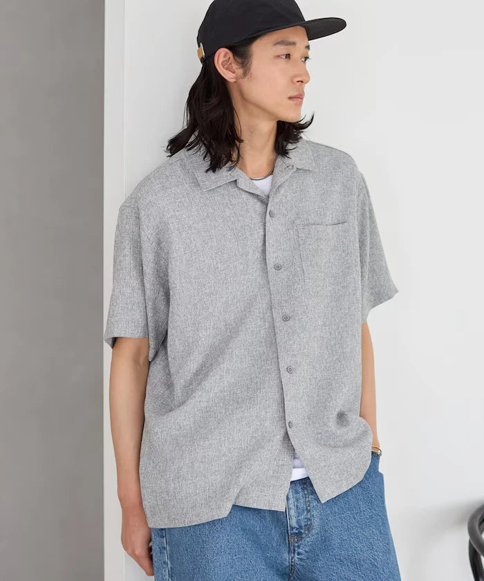 Dry Touch Summer Tweed Short Sleeve Open Collar Shirt