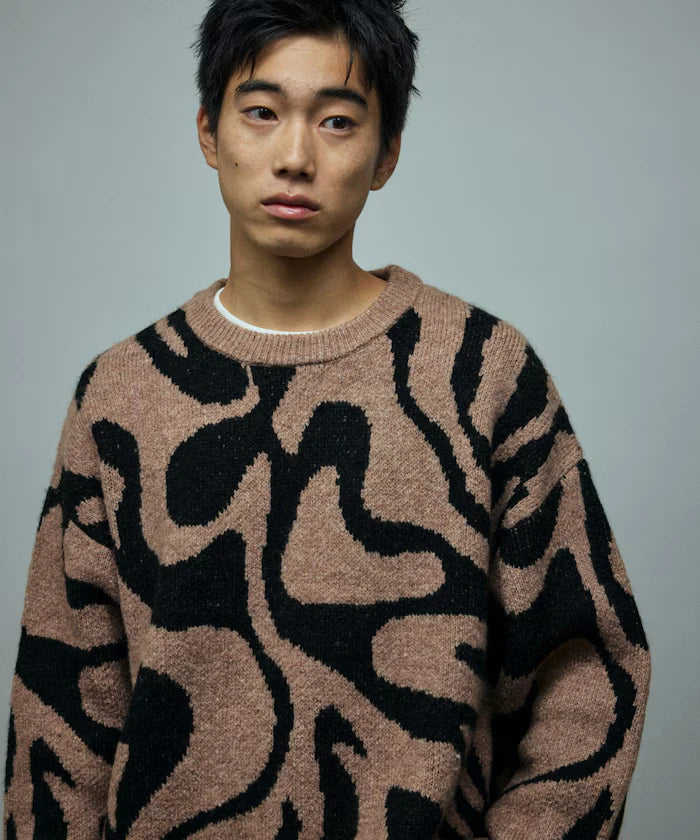 All-over Pattern Double Jacquard Knit Crew Neck Pullover / Relaxed Fit