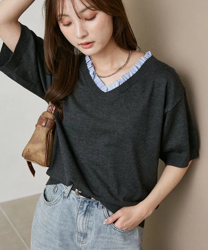 Shirt Frill V-Neck Half Sleeve Summer Knit Limited Edition