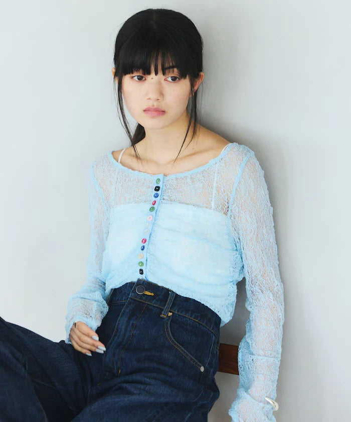 Many Button Lace Shirring Cardigan