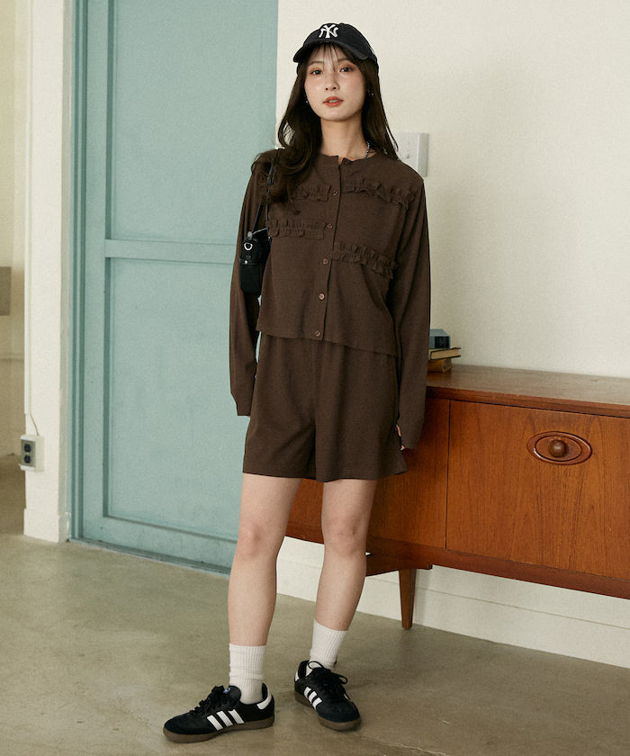 Frill Design Cardigan Short Pants Set Up Limited Release