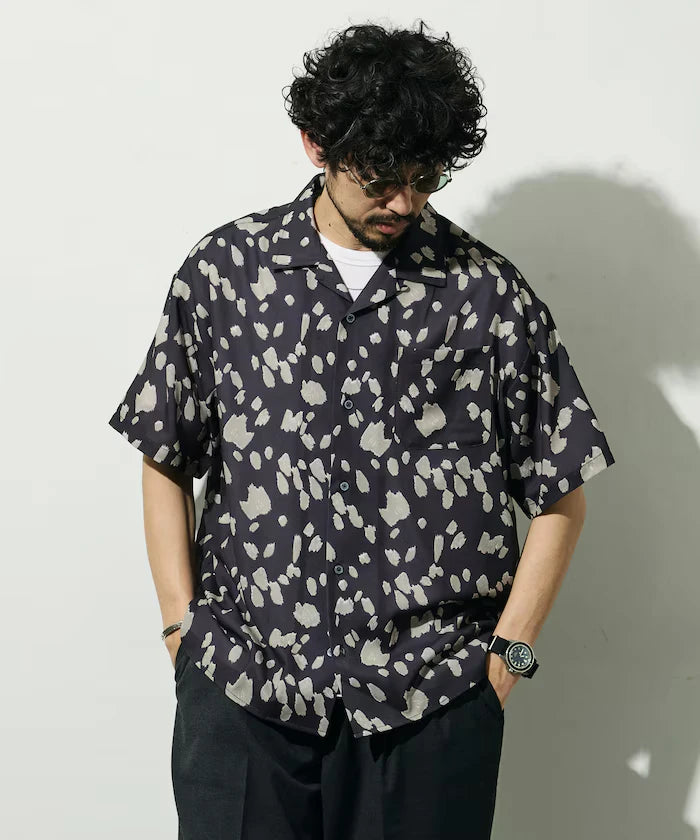 Mesh Open Collar Pattern Short Sleeve Shirt / Allover Design Open Collar Shirt / Big Silhouette