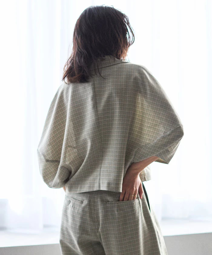Collar Check Balloon Sleeve Shirt / Compatible with Setup