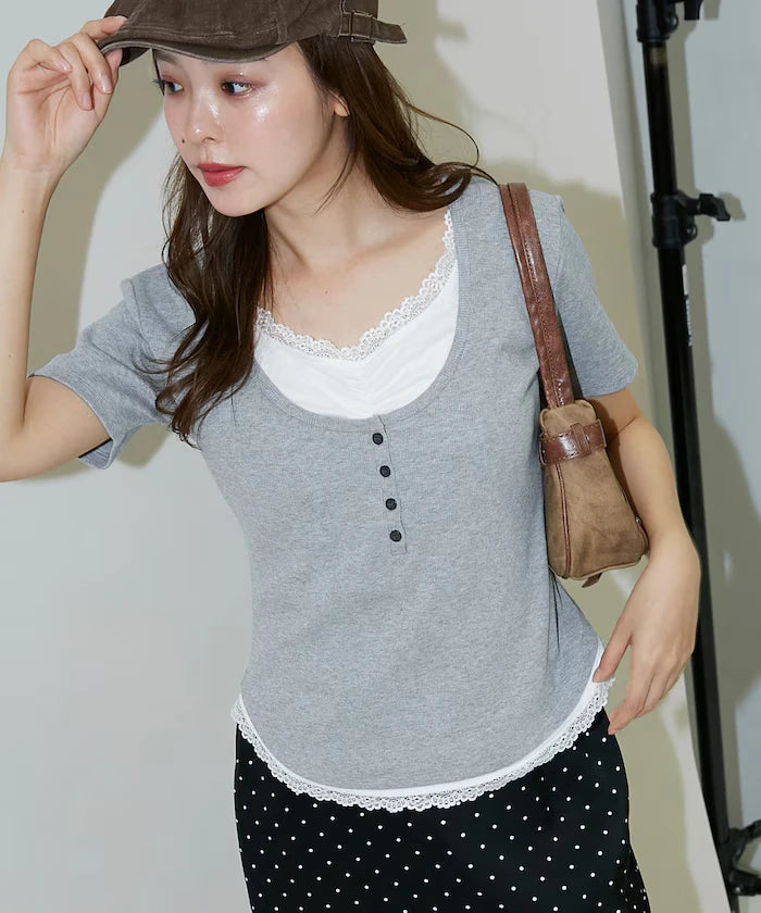 Short Sleeve Lace Layered Style Henley Neck T-Shirt Limited Edition