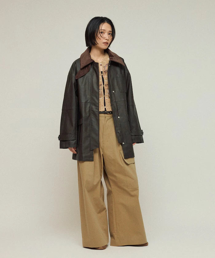 Oversized Crush Leatherette Jacket / Collar Corduroy