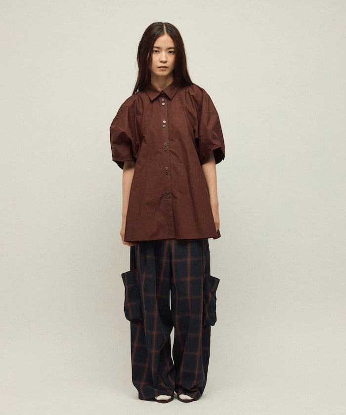 Switching Design Balloon Sleeve Shirt / 5-Minute Sleeve Blouse