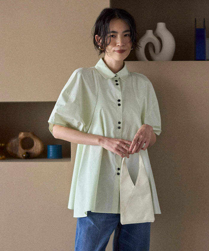 Color Added Balloon Sleeve Shirt / 5 Sleeve Blouse