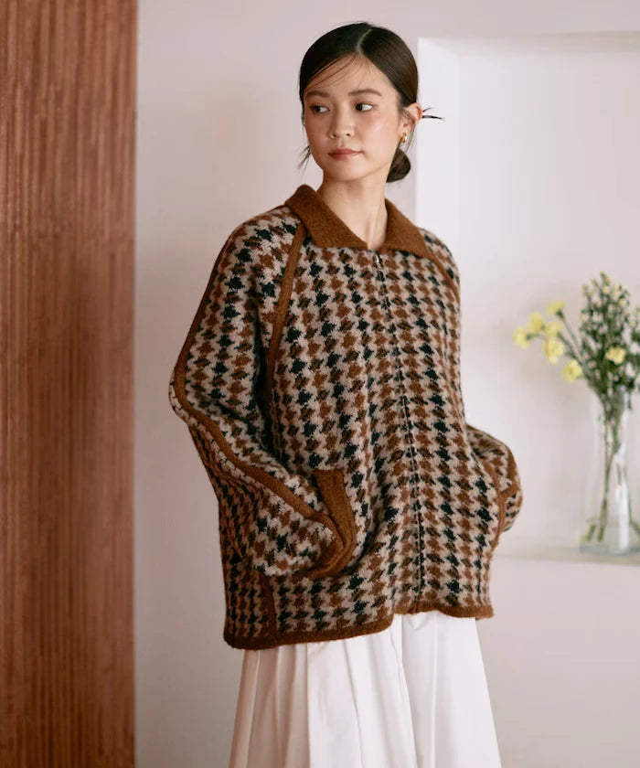 Wool Blend Gancube Check Knit Zip Blouson