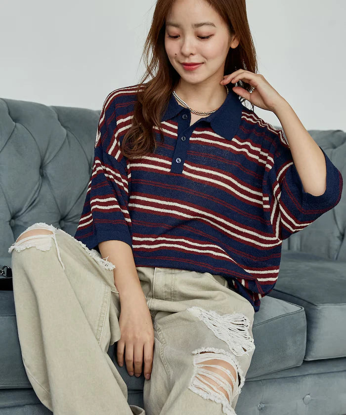 LOVE POP STUDIO Border Knit Polo Shirt Limited Edition