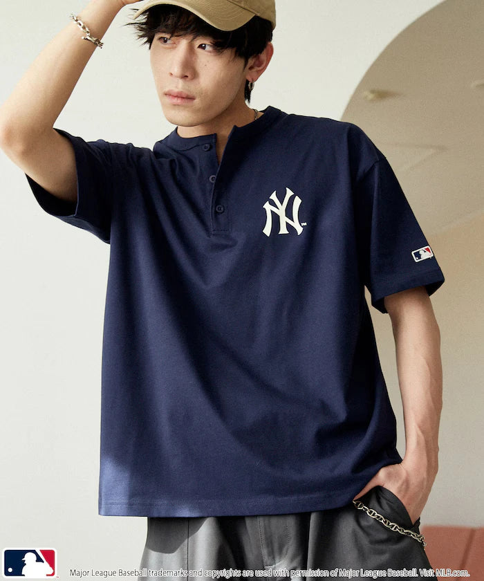 Limited Edition MLB Logo Print Henley Neck Oversized T-Shirt