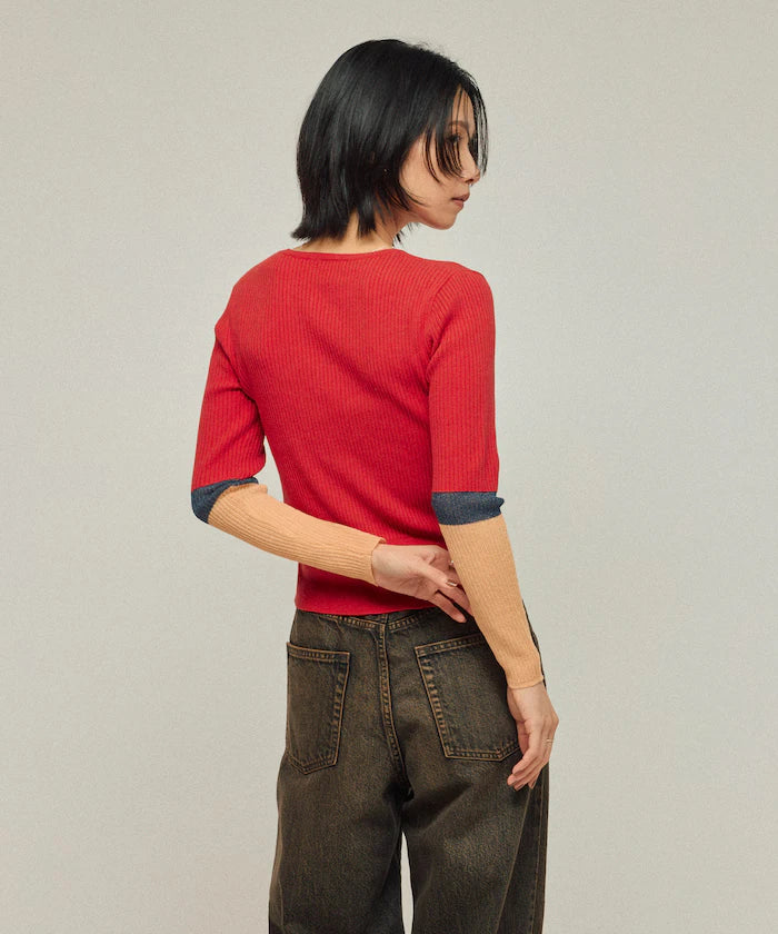 Functional material silk blend color block knit pullover / anti-pill / machine washable