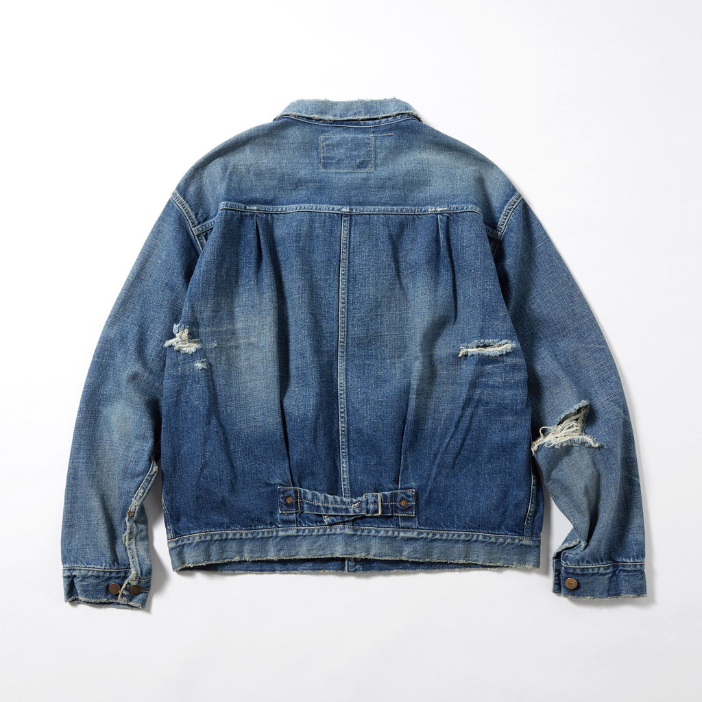 GL15558H / RECYCLED WASTE SUVIN COTTON YARN 11.5oz. DENIM PLEATED BLOUSE VINTAGE WASHED