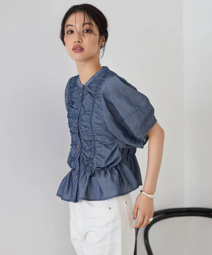 Sheer Shirring Volume Sleeve Blouse / 5 Short Sleeves